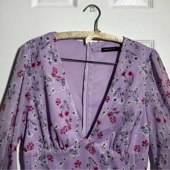 Double Crazy Purple Floral Dress Size Large Boho Bell Sleeve Empire Waist Flowy - Picture 3 of 15